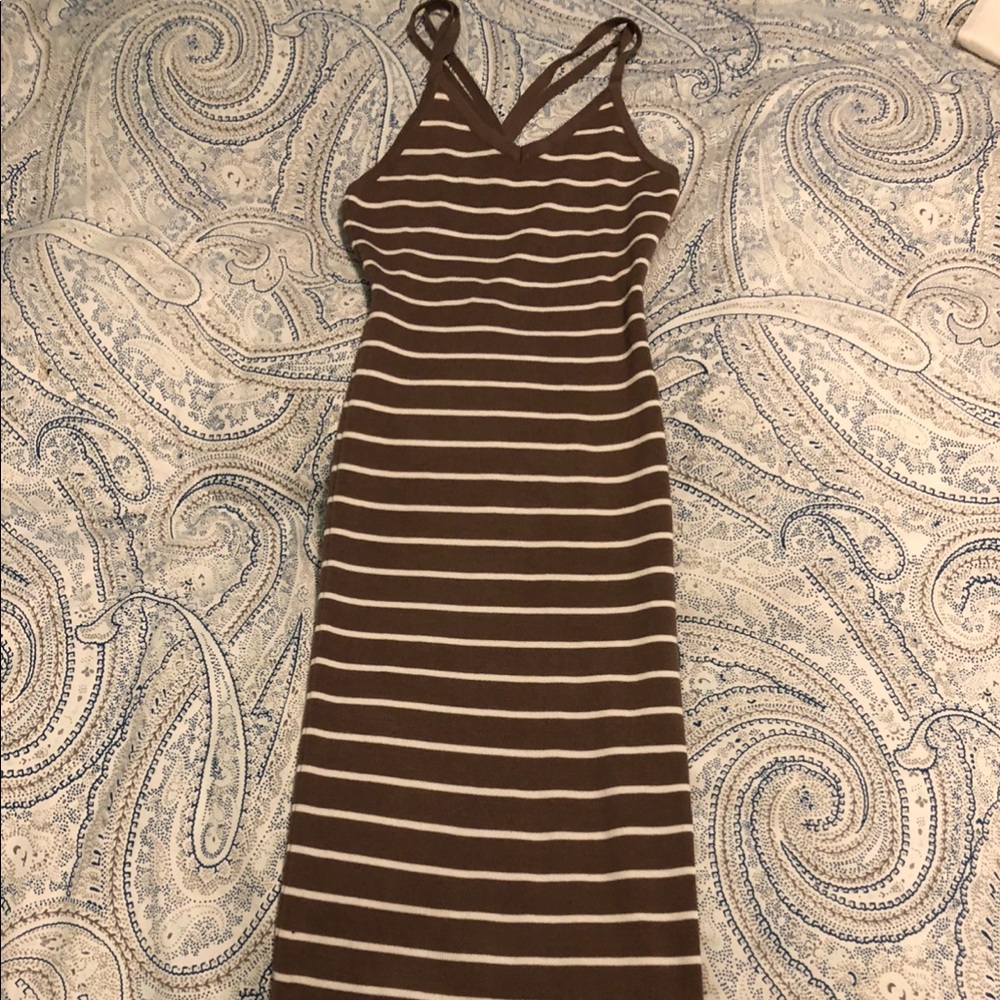 NWT - Brown & White striped fitted open back dress